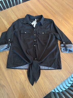 NY Collection Black Button-Down Shirt with White Polka Dots